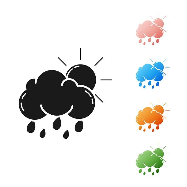Schwarze Wolke mit Regen- und Sonnensymbol auf weißem Hintergrund. Regenwolken Niederschlag mit Regentropfen. setzen Symbole bunt. Vektorillustration — Stockvektor