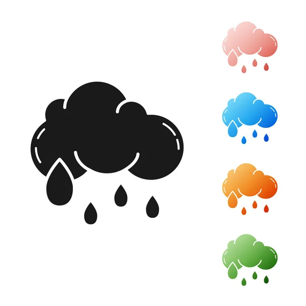 Nuvem preta com ícone de chuva isolado no fundo branco. Precipitação de nuvens de chuva com gotas de chuva. Definir ícones coloridos. Ilustração vetorial —  Vetores de Stock