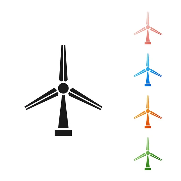 Czarna ikona turbiny wiatrowej na białym tle. Znak generatora wiatru. Sylwetka wiatraka. Wiatrak do produkcji energii elektrycznej. Zestaw ikon kolorowe. Ilustracja wektora — Wektor stockowy