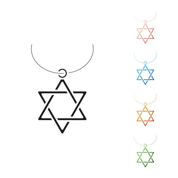 Black Star of David ketting op ketting pictogram geïsoleerd op witte achtergrond. Joodse religie symbool. Symbool van Israël. Sieraden en accessoires. Stel pictogrammen kleurrijk. Vector Illustratie — Stockvector