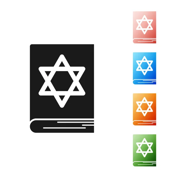 Black Jewish torah book icon isolated on white background. Pentateuch of Moses. On the cover of the Bible is the image of the Star of David. Set icons colorful. Vector Illustration — Stock Vector