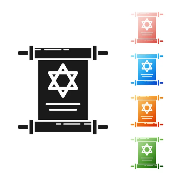 Black Torah scroll icon isolated on white background. Jewish Torah in expanded form. Star of David symbol. Old parchment scroll. Set icons colorful. Vector Illustration — Stock Vector