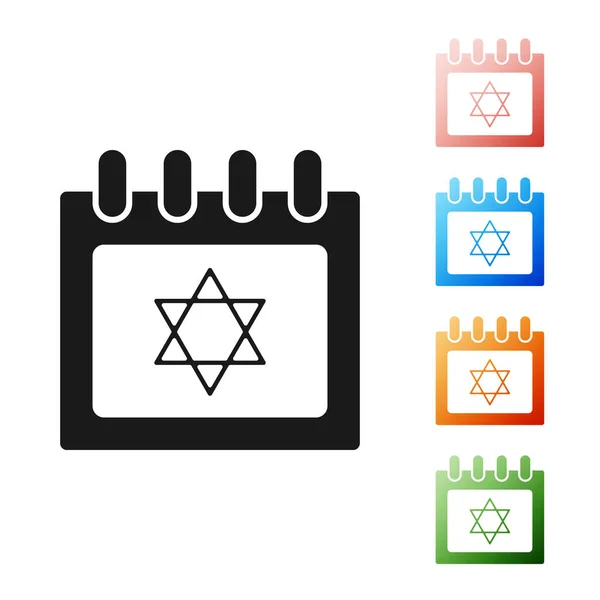 Calendario judío negro con la estrella de David icono aislado sobre fondo blanco. Hanukkah día calendario. Establecer iconos de colores. Ilustración vectorial — Vector de stock