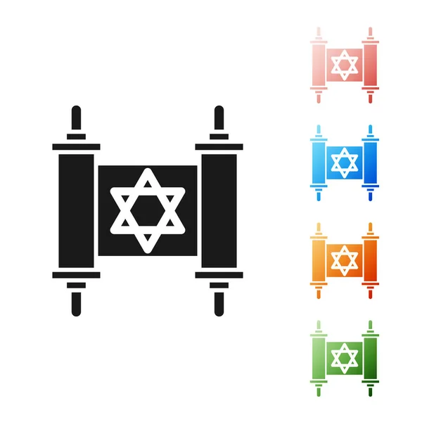 Μαύρο εικονίδιο πάπυρου Torah απομονωμένο σε λευκό φόντο. Εβραϊκή Τορά σε εκτεταμένη μορφή. Το αστέρι του Δαβίδ. Παλιός περγαμηνός. Ορισμός εικονίδια πολύχρωμα. Εικονογράφηση διανύσματος — Διανυσματικό Αρχείο