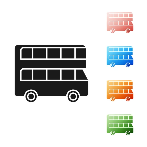 Černá Double Decker bus ikona izolované na bílém pozadí. Londýnský klasický osobní autobus. Symbol veřejné dopravy. Nastavit barevné ikony. Vektorová ilustrace — Stockový vektor