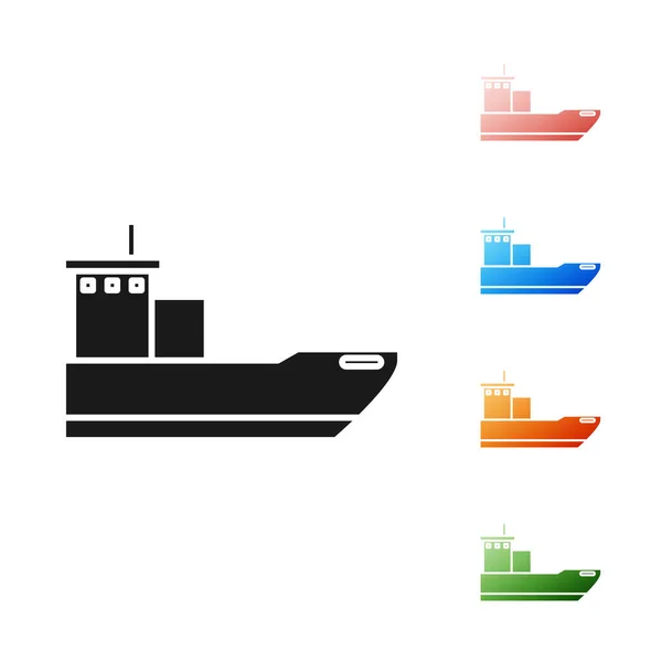 Ícone de navio de carga preto isolado no fundo branco. Definir ícones coloridos. Ilustração vetorial —  Vetores de Stock