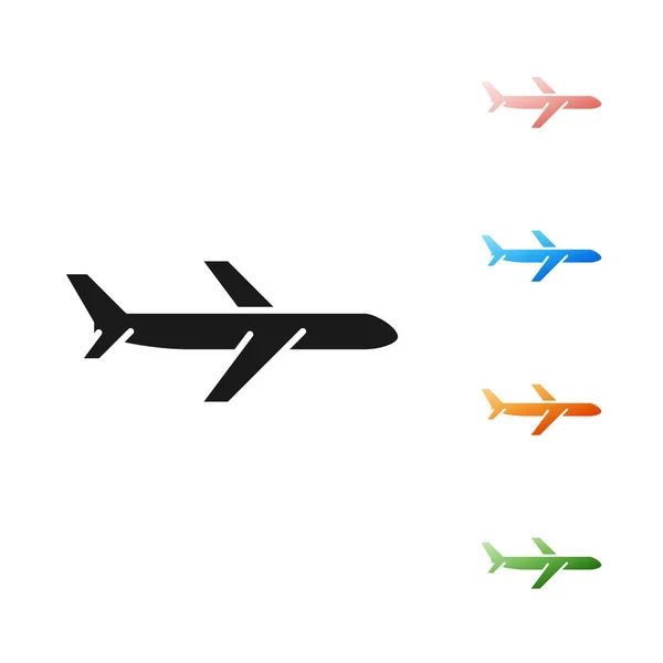 Ícone Black Plane isolado no fundo branco. Ícone de avião voador. Sinal de avião. Definir ícones coloridos. Ilustração vetorial — Vetor de Stock