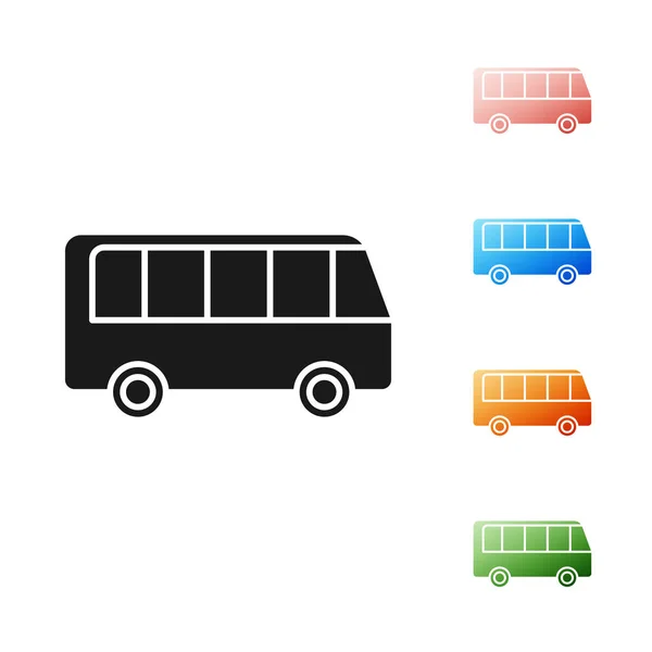 白い背景に黒いバスアイコンが隔離されています。輸送コンセプト。バスツアーの交通標識。観光や公共車両のシンボル。カラフルなアイコンを設定します。ベクターイラスト — ストックベクタ
