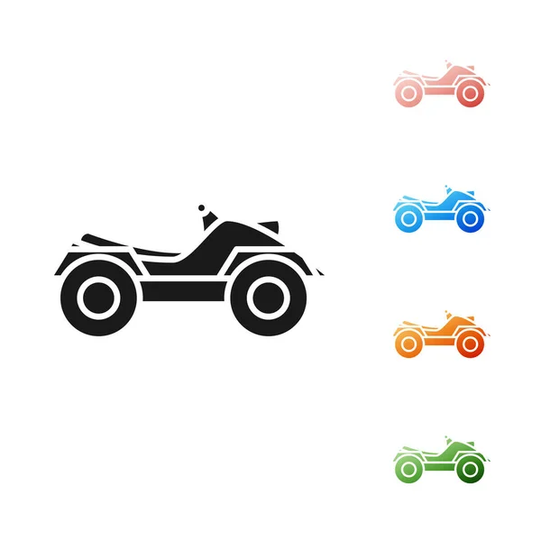 Schwarzes Geländefahrzeug oder ATV-Motorradsymbol isoliert auf weißem Hintergrund. Quad fahren. Extremsport. setzen Symbole bunt. Vektorillustration — Stockvektor