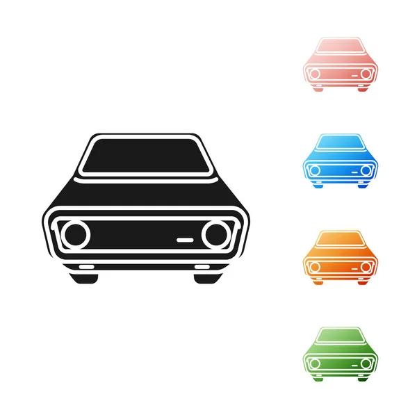 Icono de coche negro aislado sobre fondo blanco. Vista frontal. Establecer iconos de colores. Ilustración vectorial — Archivo Imágenes Vectoriales