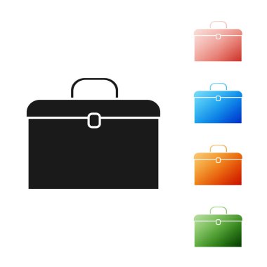 Beyaz arkaplanda siyah evrak çantası simgesi izole edildi. İş ilanı. İş portföyü. Simgeleri renklendirin. Vektör İllüstrasyonu