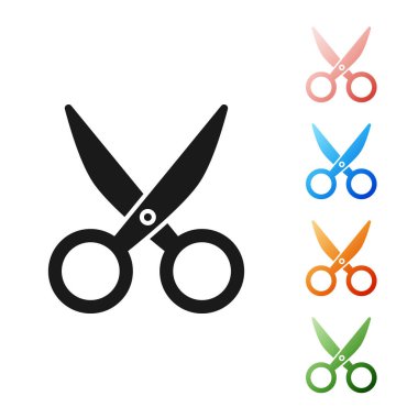 Beyaz arkaplanda siyah makas simgesi izole edildi. Alet kesme işareti. Simgeleri renklendirin. Vektör İllüstrasyonu