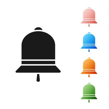 Beyaz arkaplanda siyah zil simgesi izole edildi. Alarm sembolü, servis zili, el zili işareti, uyarı sembolü. Simgeleri renklendirin. Vektör İllüstrasyonu