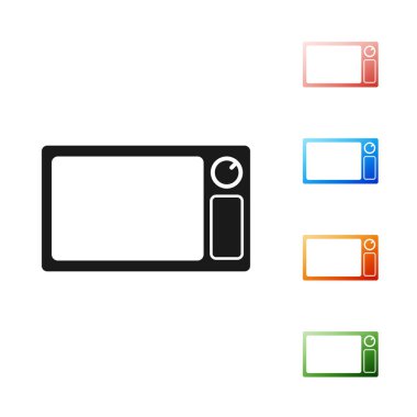 Beyaz zemin üzerinde siyah mikrodalga fırın ikonu izole edildi. Ev aletleri simgesi. Simgeleri renklendirin. Vektör İllüstrasyonu