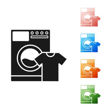 Siyah Yıkama ve tişört simgesi beyaz arkaplanda izole edilmiş. Çamaşır makinesi simgesi. Çamaşır makinesi, çamaşır makinesi. Ev aletleri sembolü. Simgeleri renklendirin. Vektör İllüstrasyonu