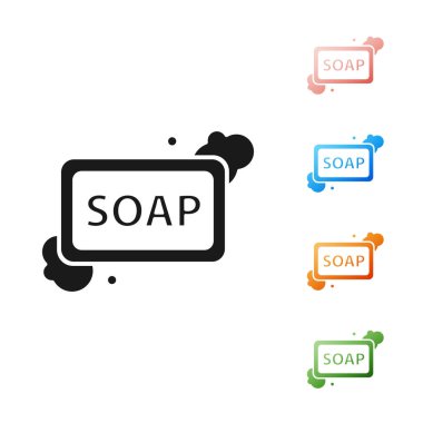 Beyaz zemin üzerinde köpük simgesi olan siyah sabun kalıbı. Köpüklü sabun çubuğu. Simgeleri renklendirin. Vektör İllüstrasyonu