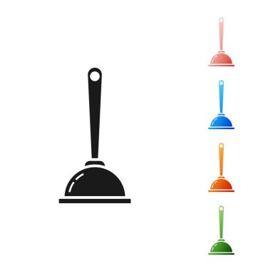 Boru temizleme ikonu için tahta saplı siyah kauçuk pompa beyaz arka planda izole edilmiş. Tuvalet pompası. Simgeleri renklendirin. Vektör İllüstrasyonu