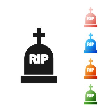 Üzerinde Rip yazan siyah Tombstone resmi beyaz arkaplanda izole edilmiş. Mezar ikonu. Simgeleri renklendirin. Vektör İllüstrasyonu