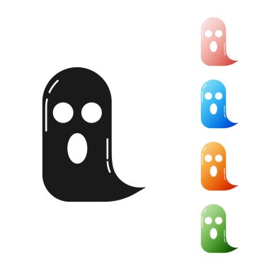 Siyah Hayalet simgesi beyaz arkaplanda izole edildi. Mutlu Cadılar Bayramı Partisi. Simgeleri renklendirin. Vektör İllüstrasyonu