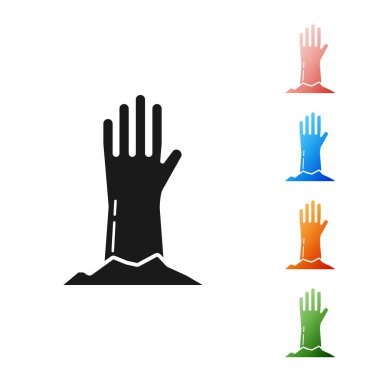 Siyah Zombi el simgesi beyaz arkaplanda izole edildi. Silah canavarı öldü. Mutlu Cadılar Bayramı Partisi. Simgeleri renklendirin. Vektör İllüstrasyonu