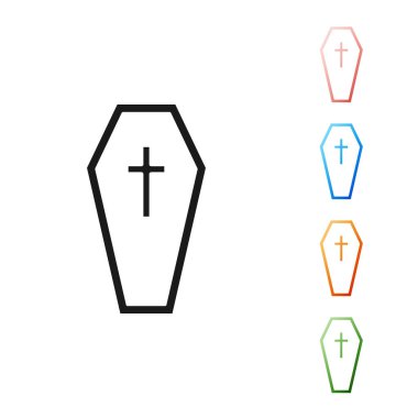 Beyaz arka planda Hristiyan haçı simgesi olan siyah tabut. Mutlu Cadılar Bayramı Partisi. Simgeleri renklendirin. Vektör İllüstrasyonu