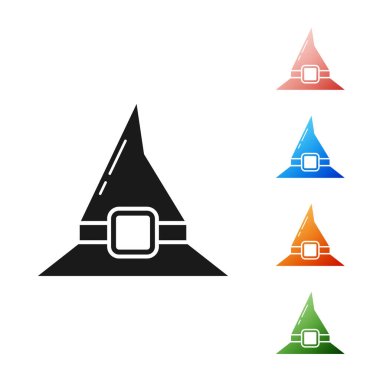 Siyah Cadı şapkası simgesi beyaz arkaplanda izole edildi. Mutlu Cadılar Bayramı Partisi. Simgeleri renklendirin. Vektör İllüstrasyonu