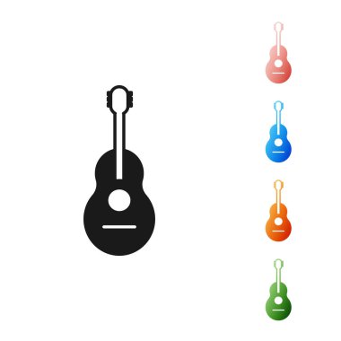 Siyah Gitar simgesi beyaz arkaplanda izole edildi. Akustik gitar. Telli müzik aleti. Simgeleri renklendirin. Vektör İllüstrasyonu