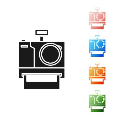 Beyaz arkaplanda siyah fotoğraf makinesi simgesi izole edildi. Fotoğraf makinesi simgesi. Simgeleri renklendirin. Vektör İllüstrasyonu