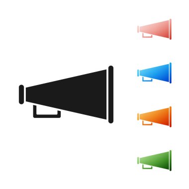 Beyaz arkaplanda siyah megafon simgesi izole edildi. Sözcü işareti. Simgeleri renklendirin. Vektör İllüstrasyonu