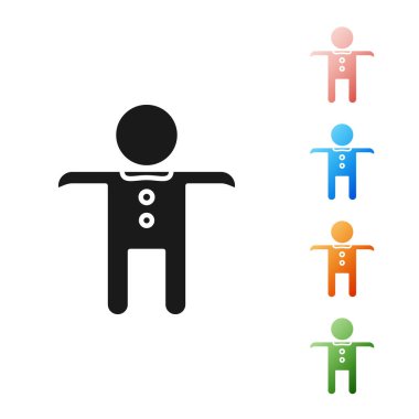 Beyaz arka planda siyah bayram zencefilli kurabiye ikonu. Kurabiye, insan şeklinde ve kremalı. Simgeleri renklendirin. Vektör İllüstrasyonu