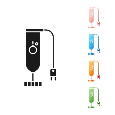 Siyah karıştırıcı simgesi beyaz arkaplanda izole edildi. Mutfak elektrikli kırıcı. Meyve suyu, kokteyl ya da meyve suyu. Simgeleri renklendirin. Vektör İllüstrasyonu