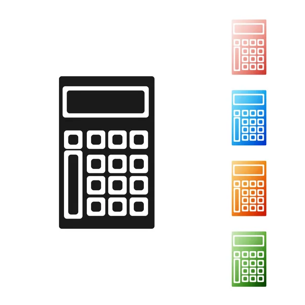 Fekete kalkulátor ikon elszigetelt fehér háttérrel. Könyvelési szimbólum. Üzleti számítások matematika oktatás és pénzügy. Állítsa be az ikonok színes. Vektorillusztráció — Stock Vector
