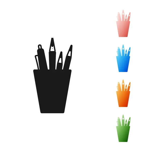 Cas de crayon noir icône de papeterie isolé sur fond blanc. Crayon, stylo, règle dans un verre pour le bureau. Définir des icônes colorées. Illustration vectorielle — Image vectorielle