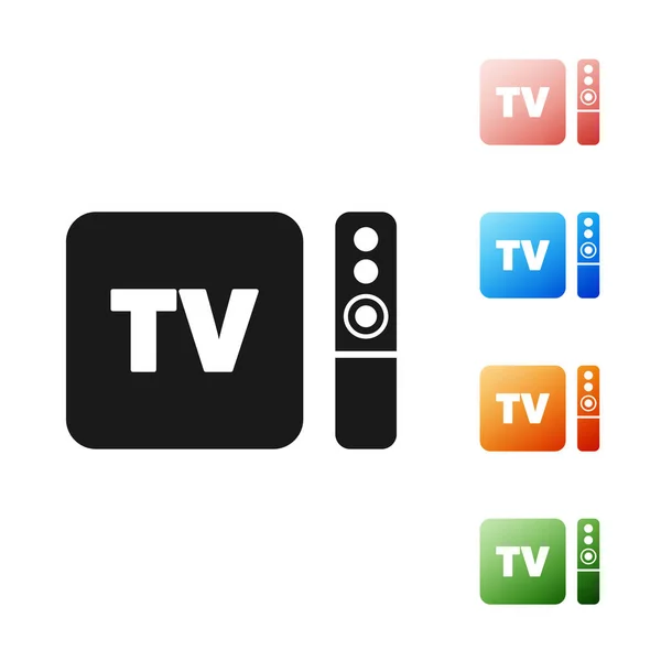 Fekete Multimédia és Tv box vevő és lejátszó távirányító ikon elszigetelt fehér alapon. Állítsa be az ikonok színes. Vektorillusztráció — Stock Vector