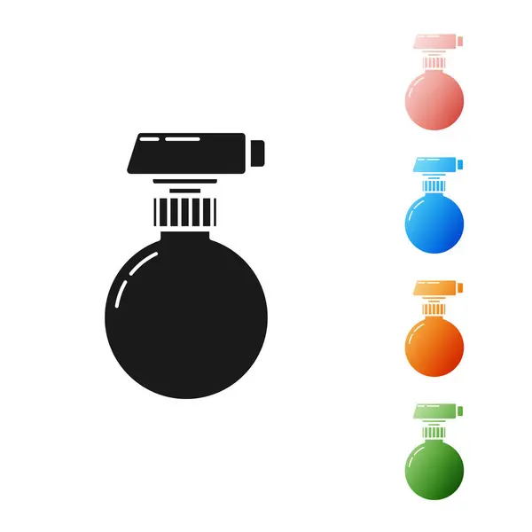 Czarna butelka sprayu do czyszczenia z ikoną płynnego detergentu wyizolowaną na białym tle. Zestaw ikon kolorowe. Ilustracja wektora — Wektor stockowy