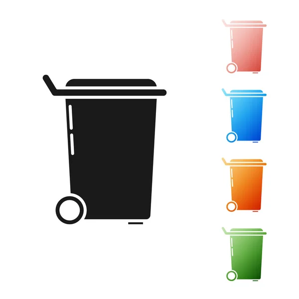 Черный мусорный бак значок изолирован на белом фоне. Знак мусорного бака. Reycle basket icon. Значок офисного мусора. Набор иконок красочный. Векторная миграция — стоковый вектор