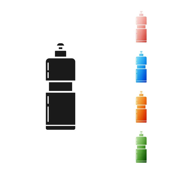 Bouteille en plastique noire pour détergent à lessive liquide, eau de Javel, liquide vaisselle ou autre icône de nettoyant isolée sur fond blanc. Définir des icônes colorées. Illustration vectorielle — Image vectorielle