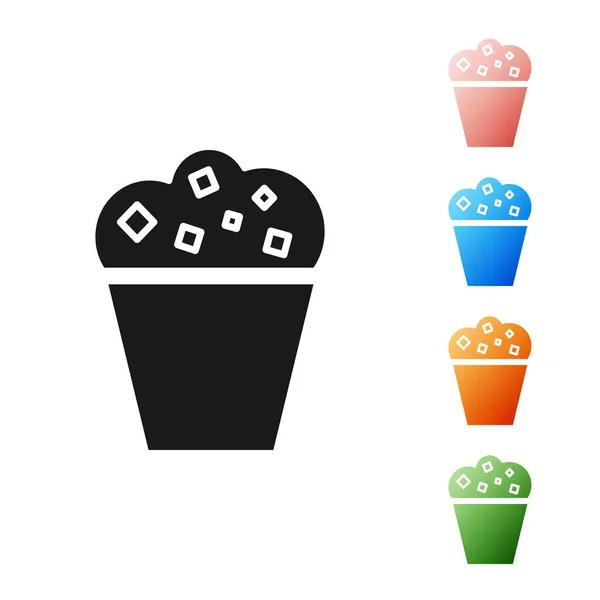 Czarny popcorn w kartonowym pudełku ikona izolowana na białym tle. Pudełko z popcornem. Zestaw ikon kolorowe. Ilustracja wektora — Wektor stockowy