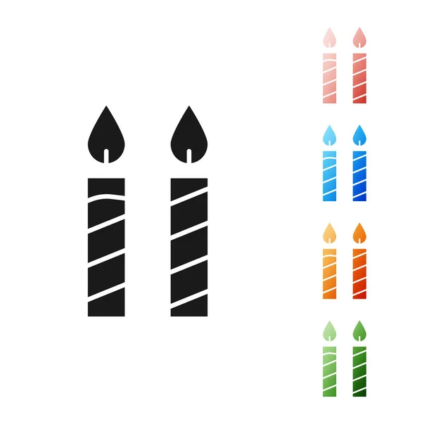 Ícone de velas de bolo de aniversário preto isolado no fundo branco. Definir ícones coloridos. Ilustração vetorial — Vetor de Stock
