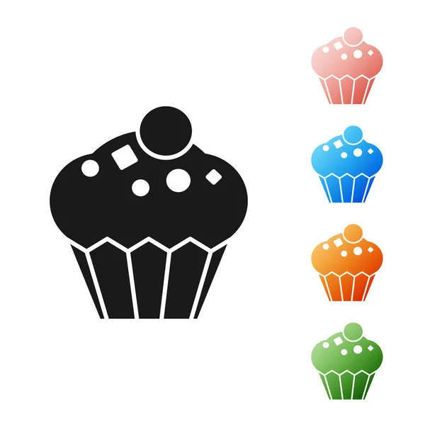 Ícone Muffin preto isolado no fundo branco. Definir ícones coloridos. Ilustração vetorial — Vetor de Stock