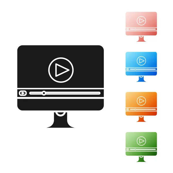 Schwarzes Online-Videosymbol isoliert auf weißem Hintergrund. Computermonitor und Filmstreifen mit Spielzeichen. setzen Symbole bunt. Vektorillustration — Stockvektor