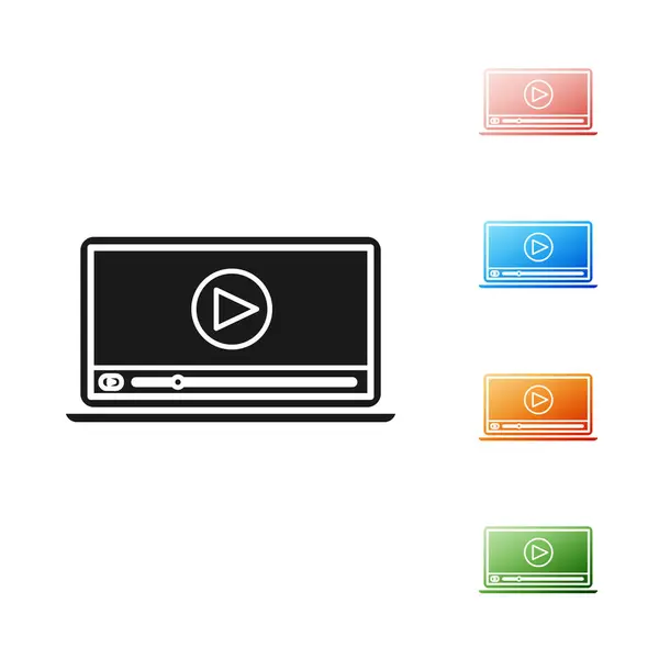 Black Online play video icon isolated on white background. Laptop and film strip with play sign. Set icons colorful. Vector Illustration — Stock Vector