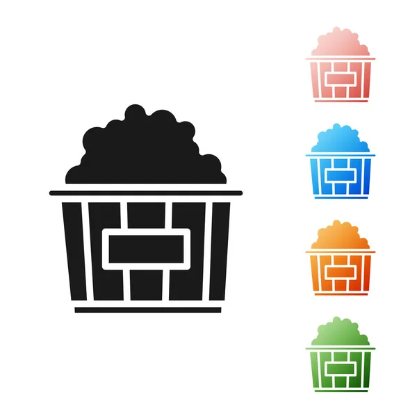 Black Popcorn in cardboard box icon isolated on white background. Popcorn bucket box. Set icons colorful. Vector Illustration — Stock Vector