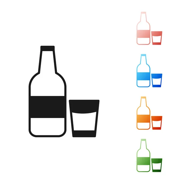 Negro Botella de vidrio cerrada con la leche y el icono de vidrio aislado sobre fondo blanco. Establecer iconos de colores. Ilustración vectorial — Vector de stock
