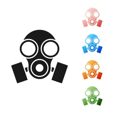 Beyaz arkaplanda siyah gaz maskesi simgesi izole edildi. Solunum cihazı işareti. Simgeleri renklendirin. Vektör İllüstrasyonu