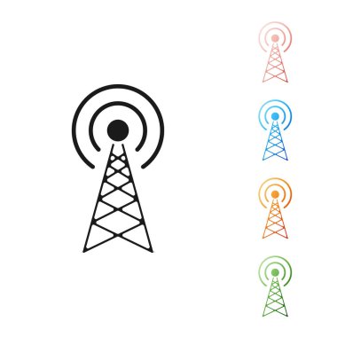 Siyah Radar simgesi beyaz arkaplanda izole edildi. Askeri arama sistemi. Simgeleri renklendirin. Vektör İllüstrasyonu