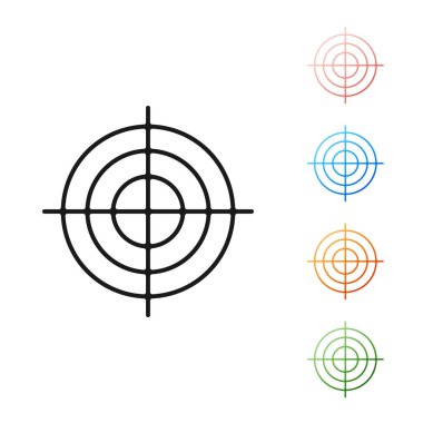 Siyah Hedef spor çekim rekabet simgesi beyaz arka plan üzerinde izole için. Atış mesafesi veya atış için numaralarla hedefi temizleyin. Simgeleri renkli ayarlayın. Vektör İllüstrasyonu