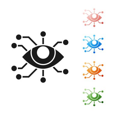 Siyah göz tarama simgesi beyaz arkaplanda izole edildi. Göz taraması yapılıyor. Güvenlik kontrol sembolü. Siber göz işareti. Simgeleri renklendirin. Vektör İllüstrasyonu