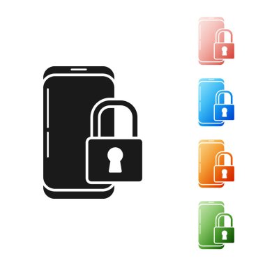 Beyaz arkaplanda kapalı asma kilit simgesine sahip siyah akıllı telefon. Kilitli telefon. Gezici güvenlik, güvenlik, koruma konsepti. Simgeleri renklendirin. Vektör İllüstrasyonu