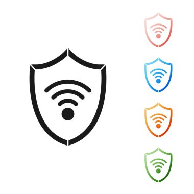 Beyaz arkaplanda izole edilmiş Wifi kablosuz internet ağ simgesi simgesine sahip Kara Kalkan. Güvenlik konsepti. Simgeleri renklendirin. Vektör İllüstrasyonu